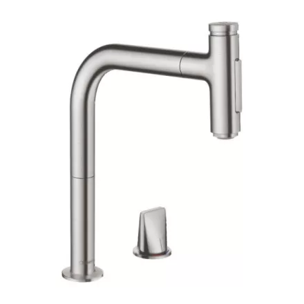 Hansgrohe Metris Select M71 2-lyukú rozsdamentes acél hatású konyhai csaptelep, kihúzható kifolyóval 73818800