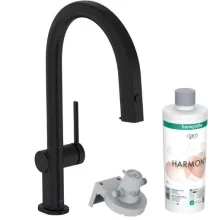   Hansgrohe Aqittura M91 Vízszűrős konyhai csaptelep 210, kihúzható zuhanyfejjel és indítókészlettel, matt fekete 76801670