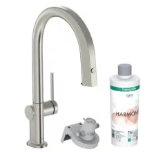   Hansgrohe Aqittura M91 Vízszűrős konyhai csaptelep 210, kihúzható zuhanyfejjel és indítókészlettel, rozsdamentes acél hatású 76801800