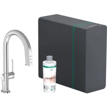   Hansgrohe Aqittura M91 Vízszűrős konyhai csaptelep kihúzható zuhanyfejjel és szódakészítő rendszer, króm 76838000