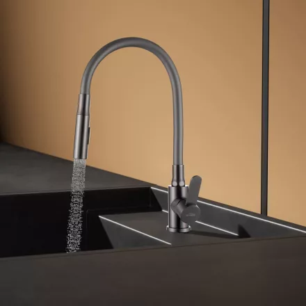 Invena Dalis konyhai csaptelep 2 funkciós zuhanyfejjel és forgatható kifolyóval, gun metal kivitelben.