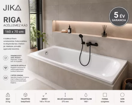 Jika Riga 160×70 cm egyenes acéllemez kád, fehér kivitelben