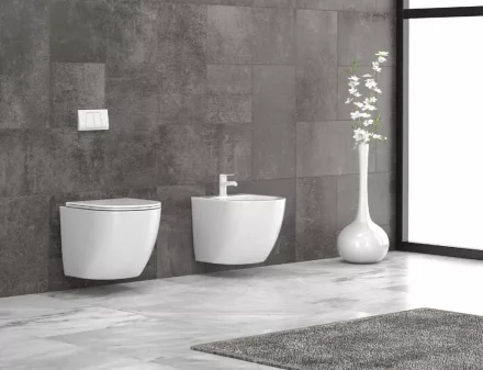 Karag Milos Rimless fali kerámia WC csésze SoftClose ülőkével fényes fehér LT-046E-NRGW