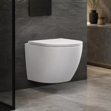 Karag Milos Rimless fali kerámia WC csésze SoftClose ülőkével fényes fehér LT-046E-NRGW
