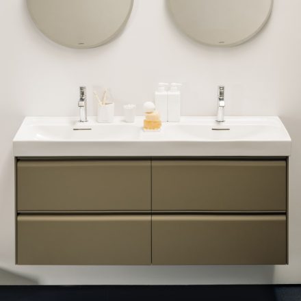 Laufen Meda porcelán dupla mosdó 130x46 cm 2 csaplyukkal és túlfolyóval, matt fehér H8141127571041