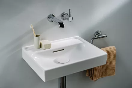 Laufen Meda fali porcelán kézmosó csiszolt alsó felülettel 45x35 cm túlfolyóval és csaplyuk nélkül, matt fehér H8161117571091