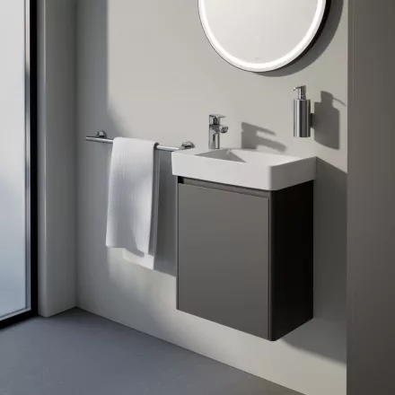 Laufen Pro X 1 ajtós fali alsószekrény porcelán kézmosóval 48x60 cm, traffic szürke kivitelben.