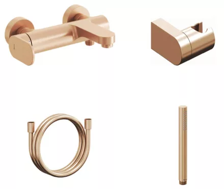 Fali kivitelű rose gold színű kádcsaptelep komplett zuhanyszettel modern fürdőszobákhoz.