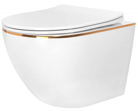 Rea Carlo Mini Rimless fali WC csésze 37x49 mélyöblítéssel, Duroplast ülőkével, fehér/arany REA-C1222
