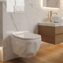 Rea Gustavo Rimless fali kerámia WC csésze ülőkével és faragott dizájnnal, fehér kivitelben