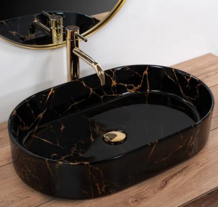 Rea Nadia pultra tehető kerámia mosdótál 61x39 cm, fényes fekete/kőhatás REA-U0539