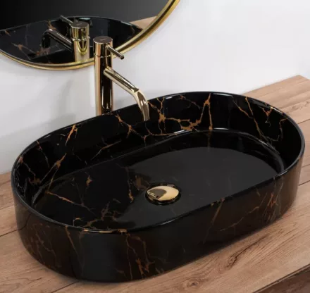 Rea Nadia pultra tehető kerámia mosdótál 61x39 cm, fényes fekete/kőhatás REA-U0539