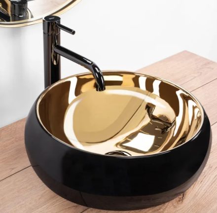 Rea Luna pultra tehető kerámia mosdótál 40 cm, fényes fekete/arany REA-U3306