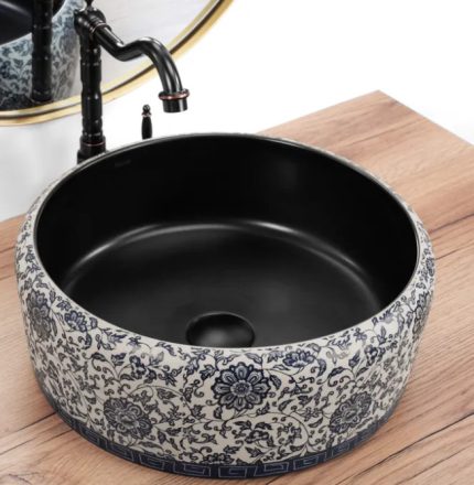 Rea Florisa kerámia mosdótál 40 cm, matt fekete/mintás REA-U3307
