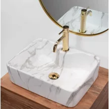  Rea Kelly Marmo pultra tehető kerámia mosdótál 49x38 cm csaplyukkal, fehér kőminta REA-U5052