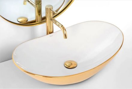 Rea Vegas pultra tehető kerámia mosdótál 60,5x36 cm, fehér/arany REA-U7808