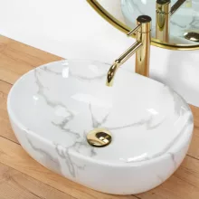   Rea Amelia Marmo pultra tehető kerámia mosdótál 48x34,5 cm, fehér kőminta REA-U8001