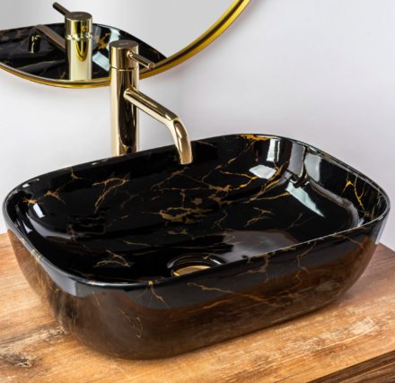 Rea Belinda pultra tehető kerámia mosdótál 46,5x33 cm, fényes fekete/arany REA-U8907