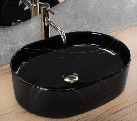 Rea Nadia pultra tehető kerámia mosdótál 50x38 cm, kőhatás/ fényes fekete REA-U9240