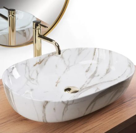 Rea Cleo Shiny pultra tehető kerámia mosdótál 61x41 cm, fényes kőminta REA-U9656