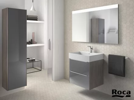 Roca Inspira alsószekrény mosdóval 60x50, texturált városi tölgy sötétített tükörrel A851075403