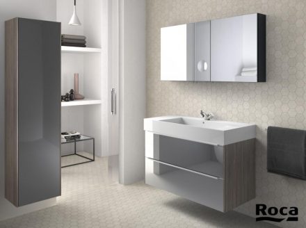 Roca Inspira alsószekrény mosdóval 100x50, texturált városi tölgy sötétített tükörrel A851077403