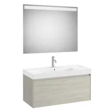   Roca Ona 1 fiókos mosdószekrény 100x46x50,5 cm kerámia mosdóval és tükör LED világítással, világos tölgy A851702512