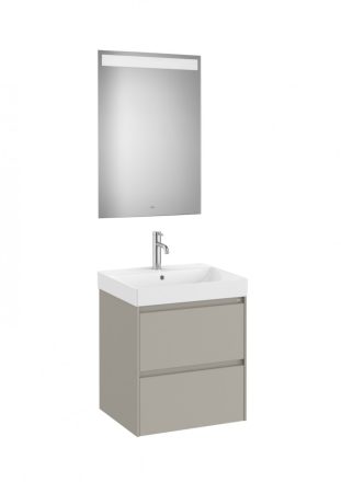 Roca Ona Pack 2 fiókos alsószekrény mosdóval 55x46 tükör LED világítással, homokszürke A851703510
