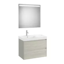   Roca Ona 2 fiókos mosdószekrény 80x46x64,5 cm balos kerámia mosdóval és tükör LED világítással, világos tölgy A851708512