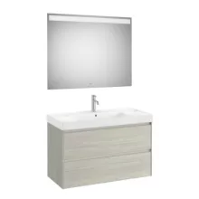   Roca Ona 2 fiókos mosdószekrény 100x46x64,5 cm kerámia mosdóval és tükör LED világítással, világos tölgy A851709512