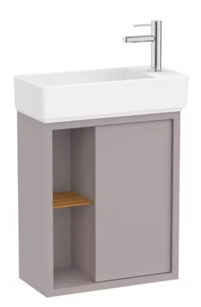 Roca Tura ajtós alsószekrény polcokkal 55x27,5x60 cm kerámia mosdóval, világos nemesszürke A852022559