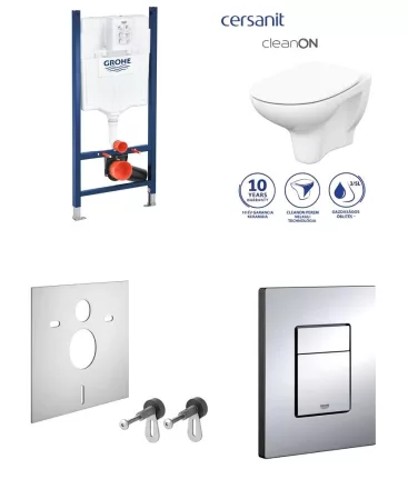 Grohe beépíthető WC-tartály szett króm nyomólappal + Cersanit Arteco perem nélküli fali WC, ülőkével