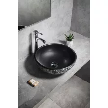   Sapho Priori kerek kerámia mosdó 41 cm, fekete / virágmintás PI034