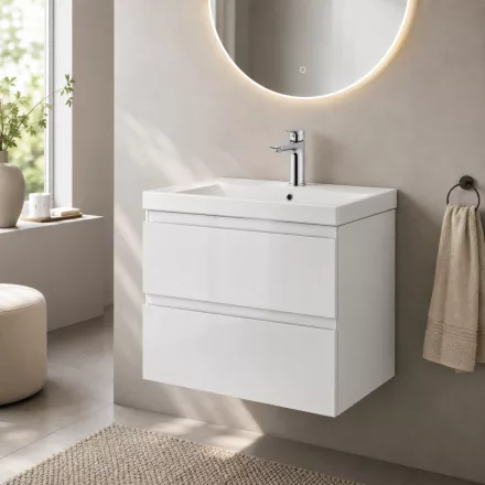 Cersanit Moduo 60 mosdószekrény szett Hansgrohe Talis E csapteleppel és helytakarékos szifonnal fényes fehér króm