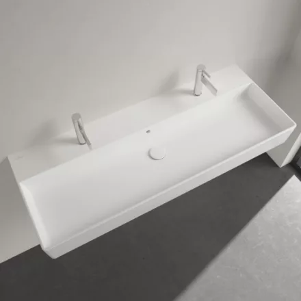 Villeroy & Boch Memento 2.0 Mosdó túlfolyóval 120x47 cm, két csapfurattal, CeramicPlus felület, Stone White 4A22C4RW