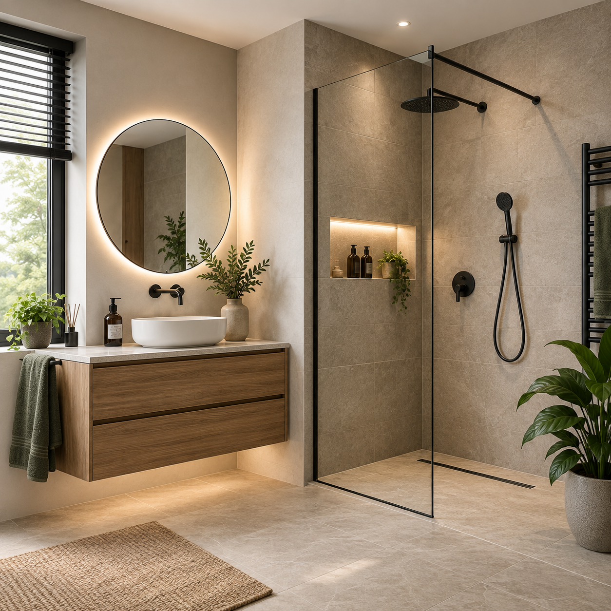 Walk-in zuhanyfal modern fürdőszobában