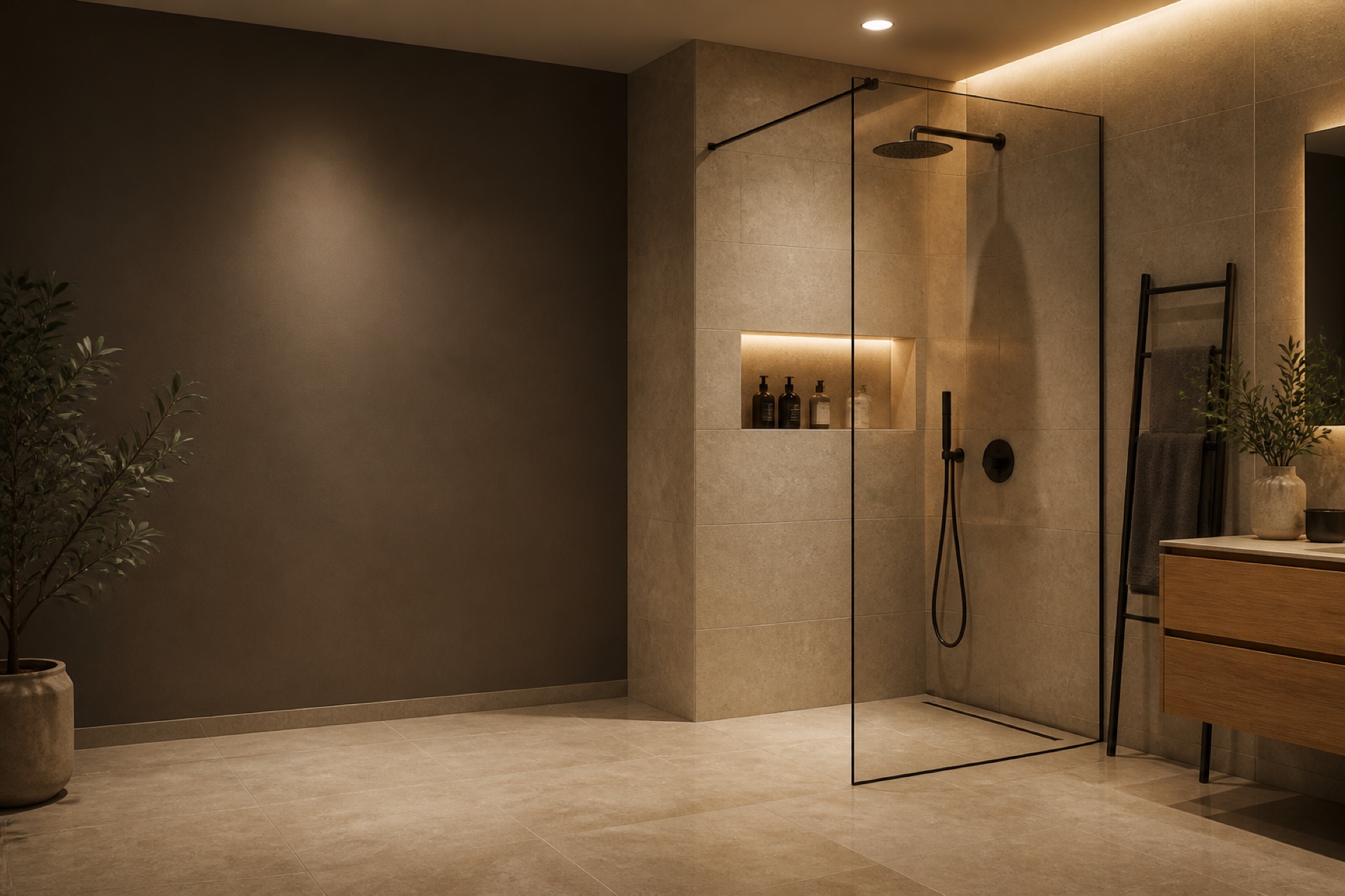 Walk-in zuhanyfal tágas modern fürdőszobában