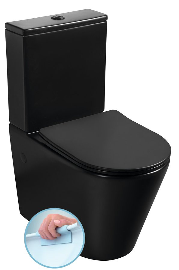 Sapho Paco Rimless monoblokkos kerámia WC csésze 38x61 cm, vario kifolyás, matt fekete PC1012WRB
